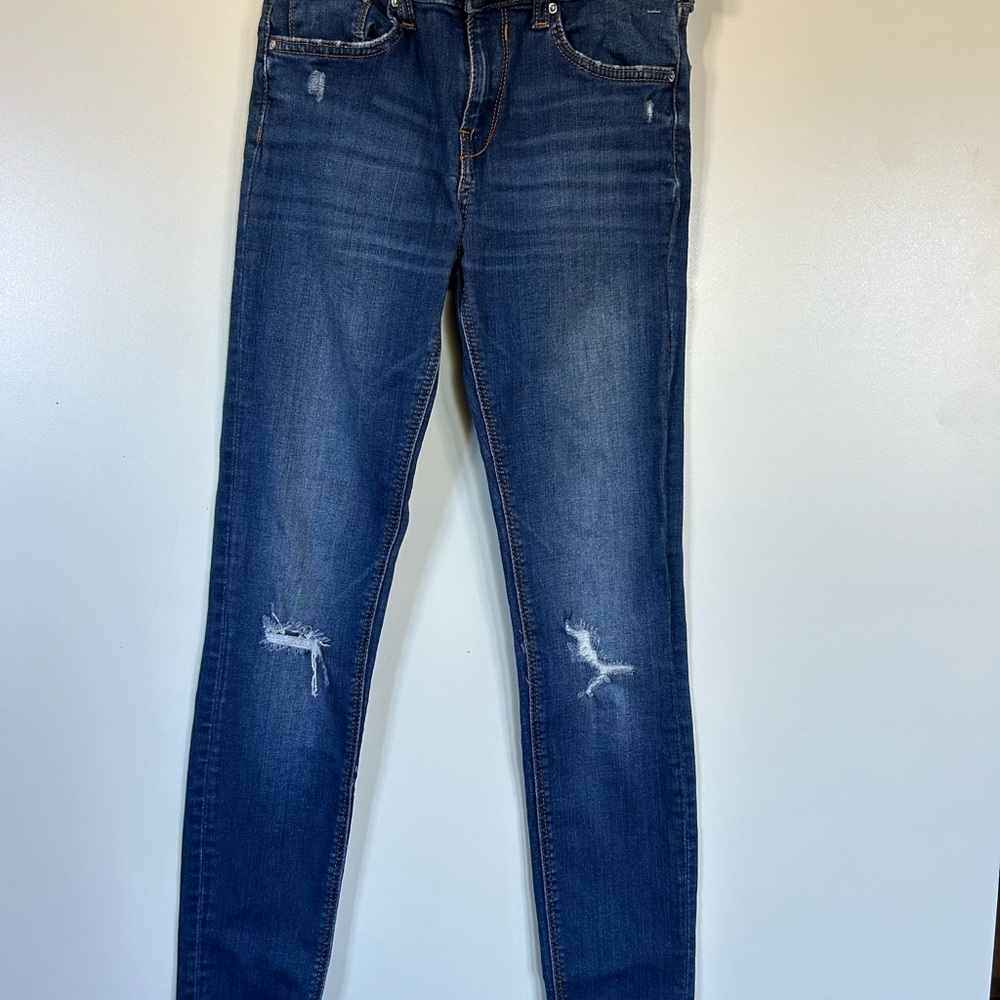 Zara Women's Dark Blue Skinny Jeans with Knee Distress